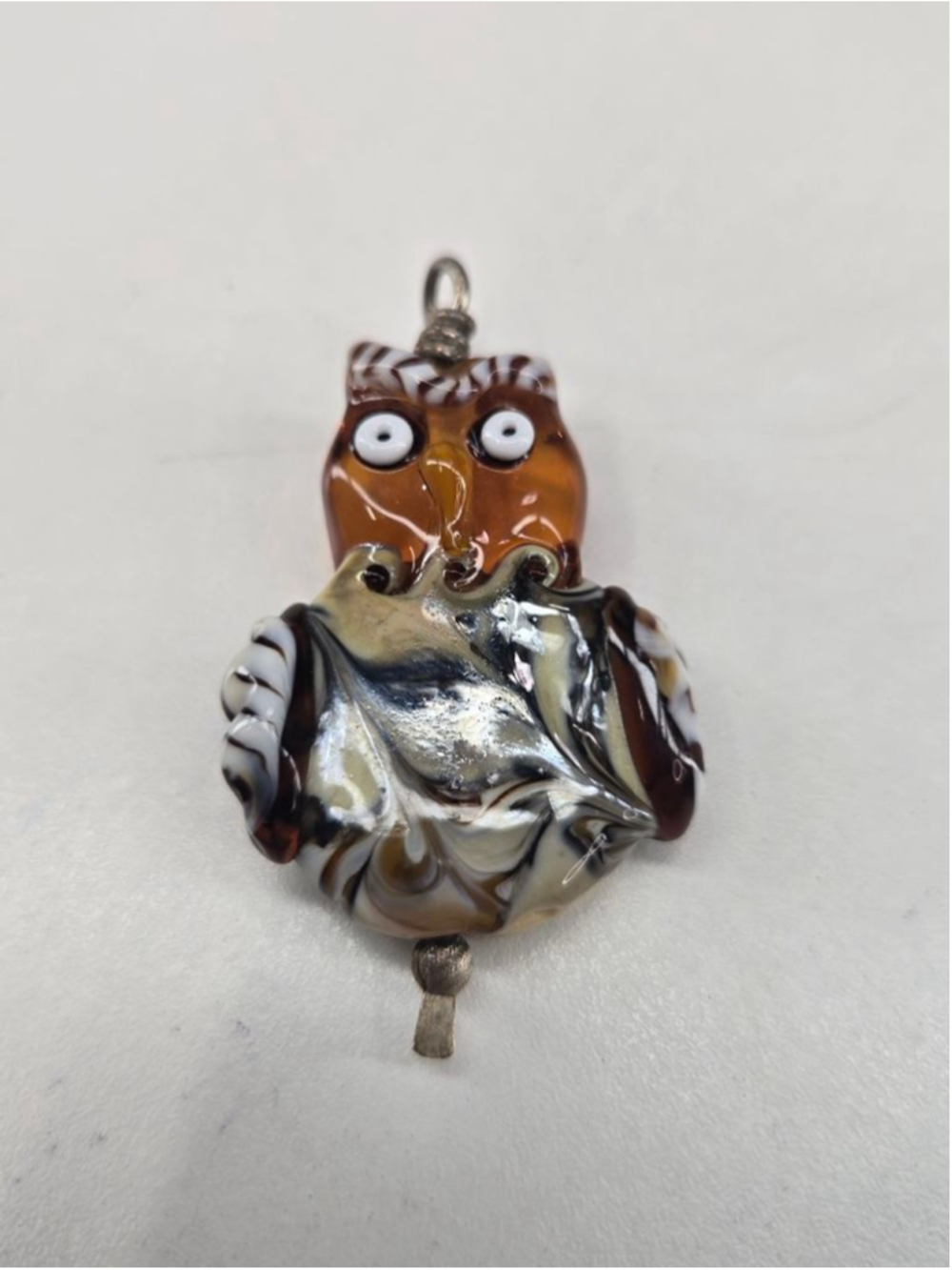 Art Glass Owl Pendant Necklace Bird Animal Lover Fairycore Brown White Handmade